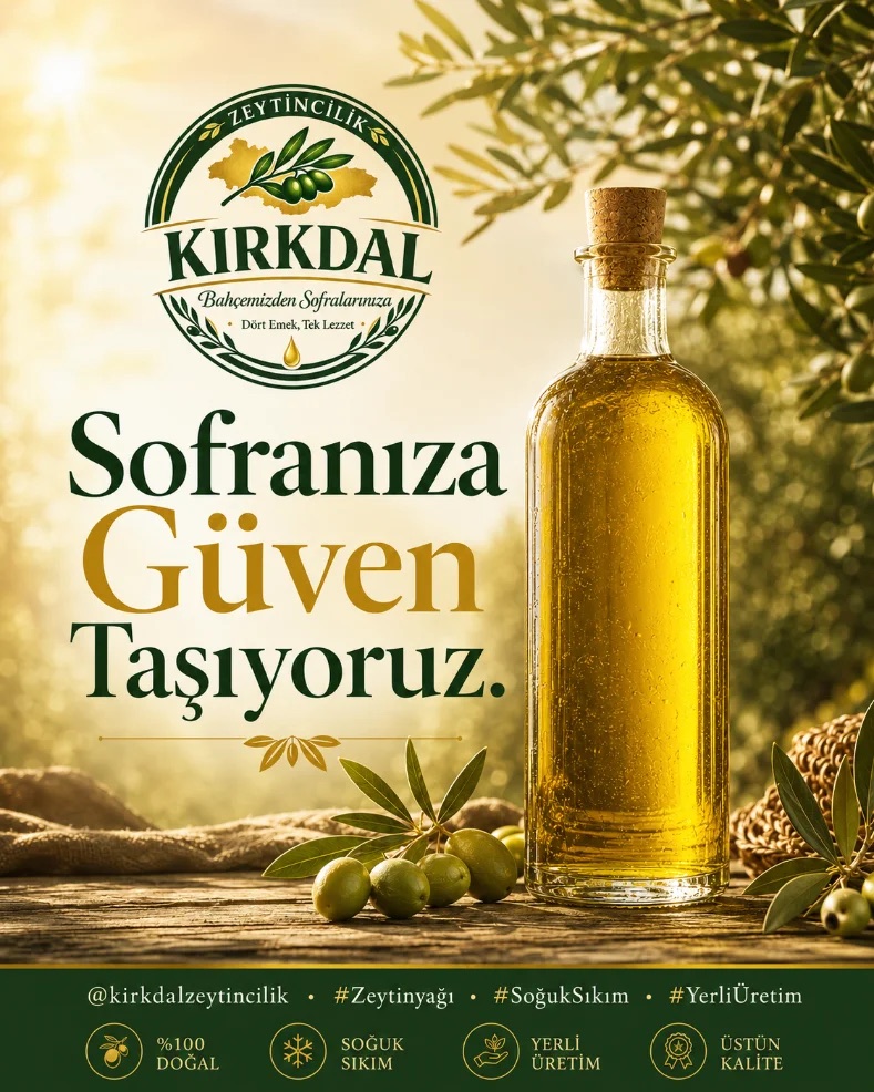 Kırkdal Zeytincilik zeytinyağı şişesi ve bahçesi